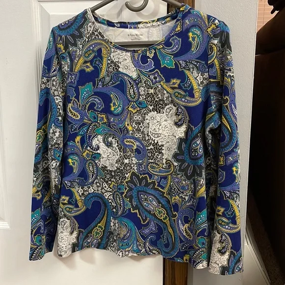 Studio Works - - Studio Works AQUA Combination Striped Long Sleeve Shirt - Plus Size 22/24 to 26